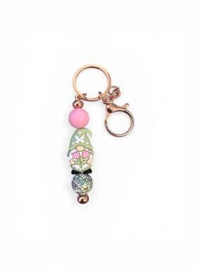 Floral Gnome Bead Keychain - Green & Pink